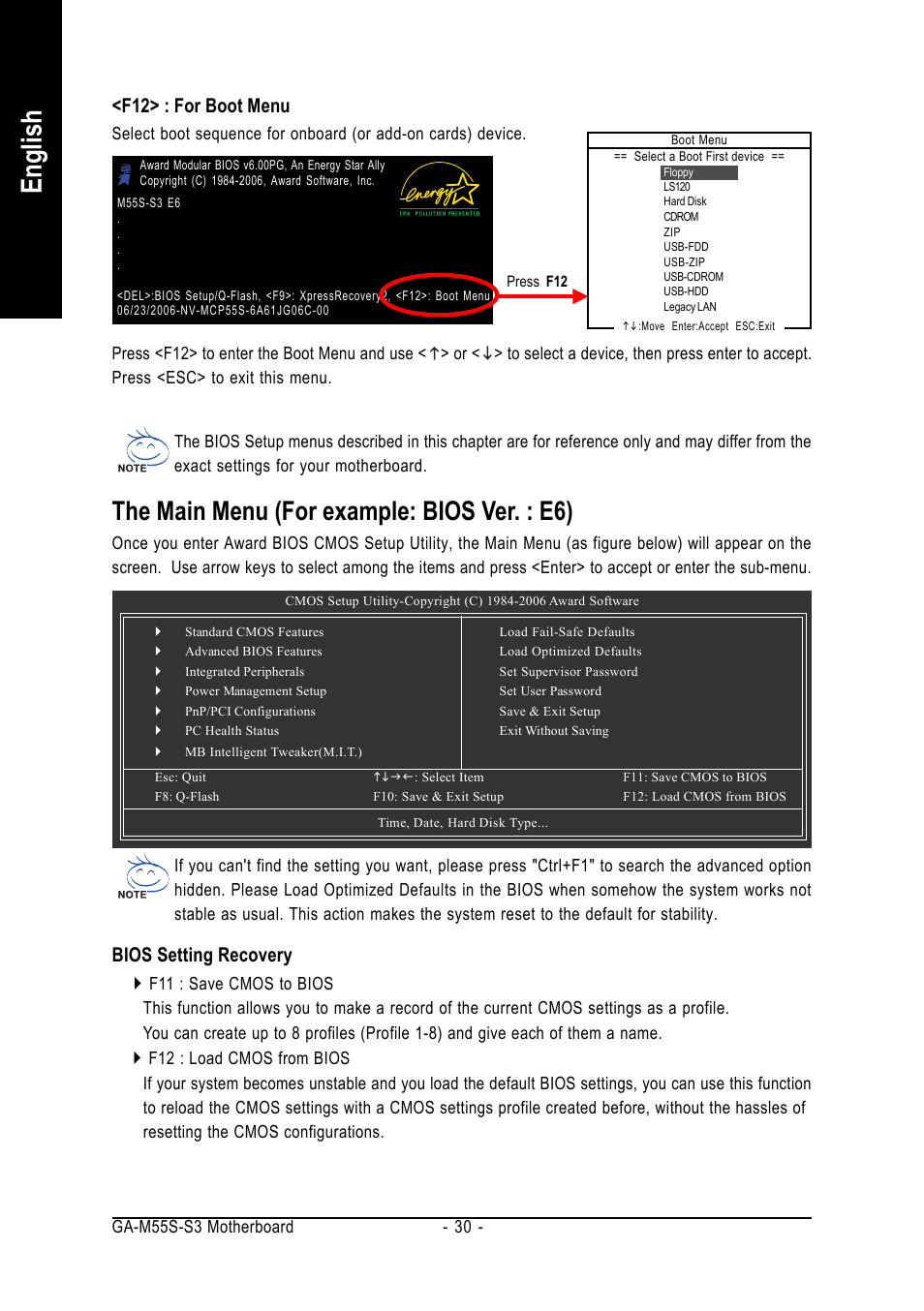 English, The main menu (for example: bios ver. : e6), F12> : for boot menu | Bios setting recovery | AMD GA-M55S-S3 User Manual | Page 30 / 88