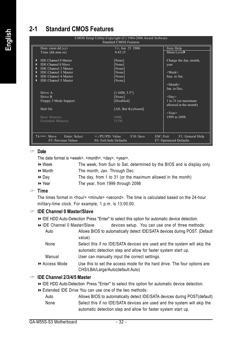 English, 1 standard cmos features, Date | Time, Ide channel 0 master/slave, Ide channel 2/3/4/5 master | AMD GA-M55S-S3 User Manual | Page 32 / 88