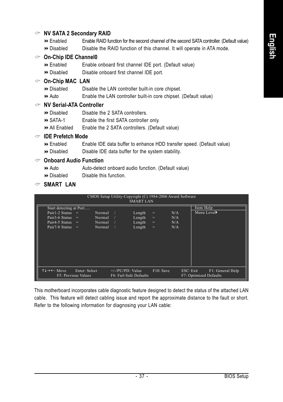 English, Nv sata 2 secondary raid, On-chip ide channel0 | On-chip mac lan, Nv serial-ata controller, Ide prefetch mode, Onboard audio function, Smart lan | AMD GA-M55S-S3 User Manual | Page 37 / 88