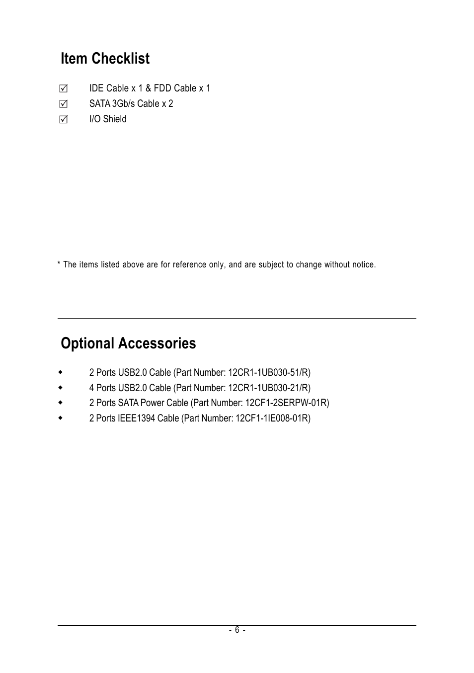 Item checklist, Optional accessories | AMD GA-M55S-S3 User Manual | Page 6 / 88