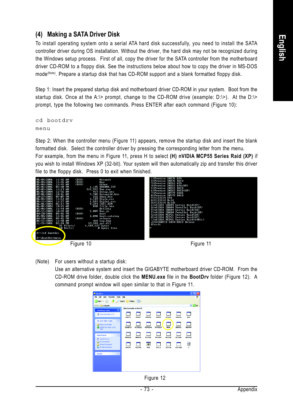 English, 4) making a sata driver disk | AMD GA-M55S-S3 User Manual | Page 73 / 88