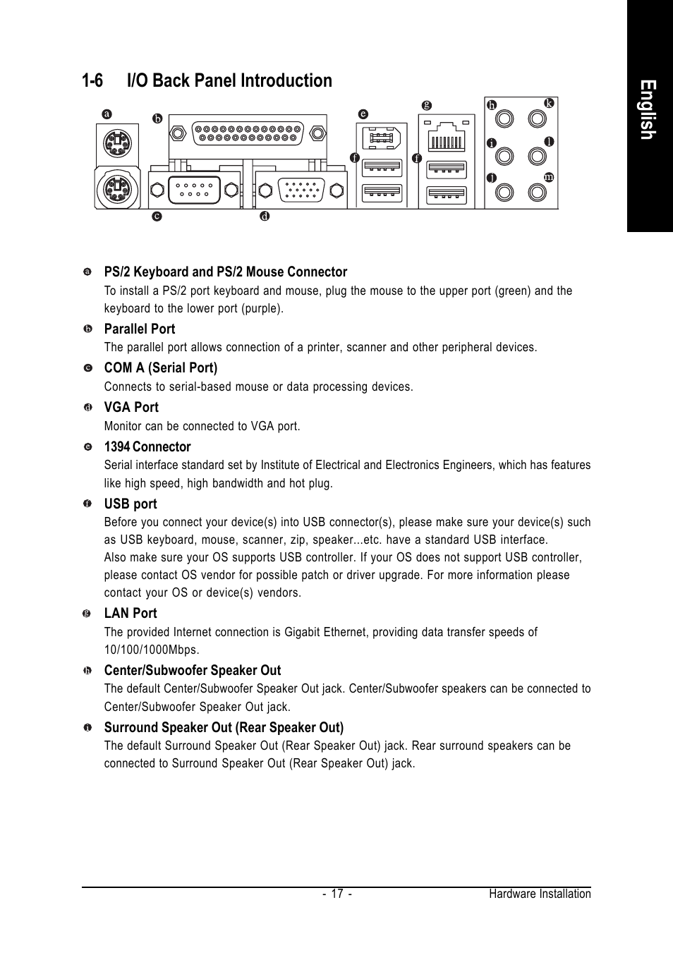 English, 6 i/o back panel introduction | AMD GA-M51GM-S2G User Manual | Page 17 / 88