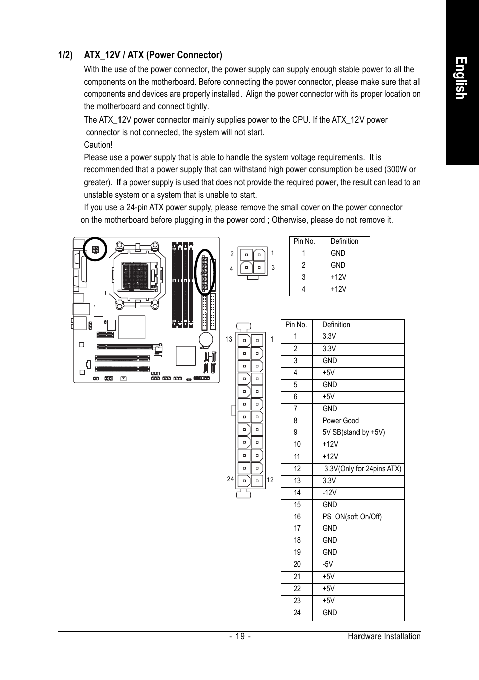 English, 1/2) atx_12v / atx (power connector) | AMD GA-M51GM-S2G User Manual | Page 19 / 88