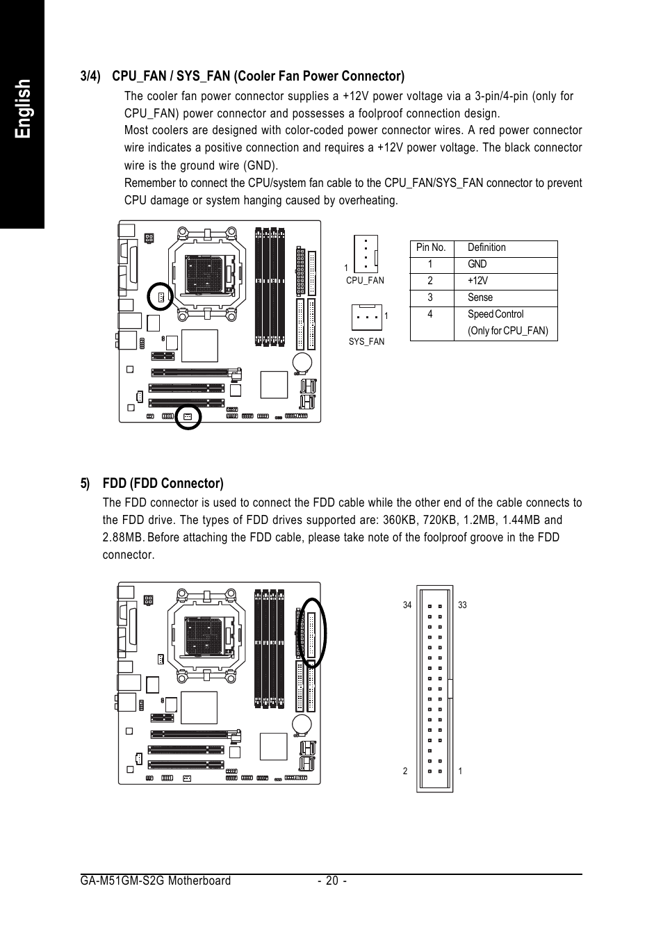 English, 5) fdd (fdd connector) | AMD GA-M51GM-S2G User Manual | Page 20 / 88