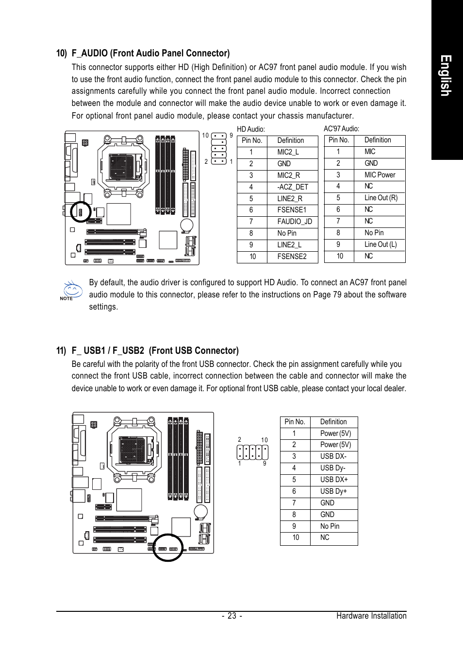 English, 11) f_ usb1 / f_usb2 (front usb connector), 10) f_audio (front audio panel connector) | AMD GA-M51GM-S2G User Manual | Page 23 / 88