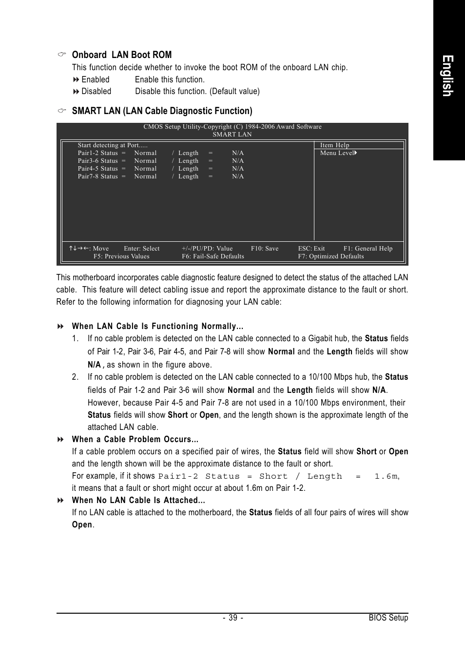 English, Onboard lan boot rom, Smart lan (lan cable diagnostic function) | AMD GA-M51GM-S2G User Manual | Page 39 / 88