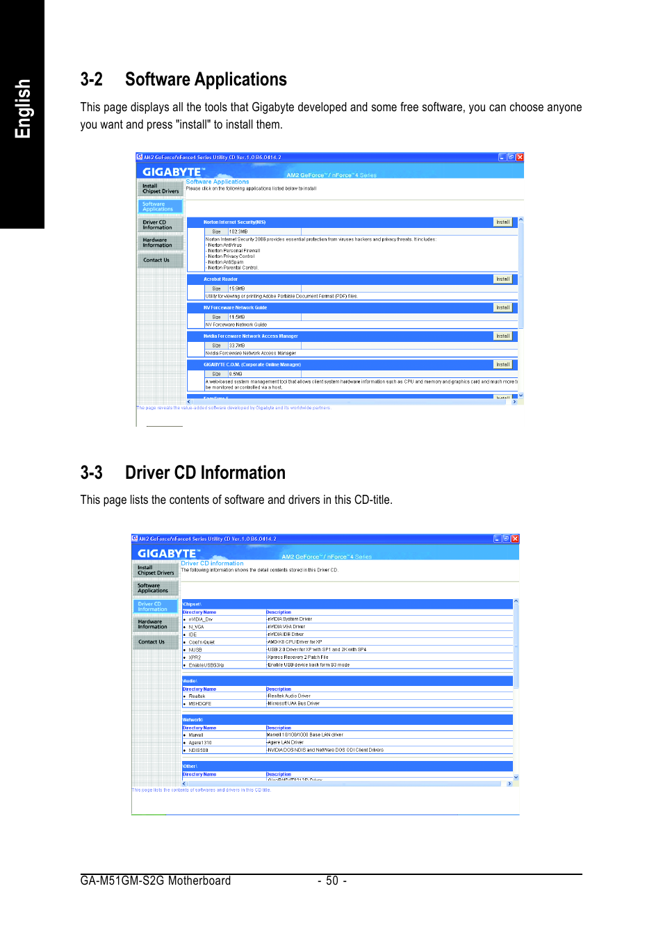 English, 2 software applications, 3 driver cd information | AMD GA-M51GM-S2G User Manual | Page 50 / 88