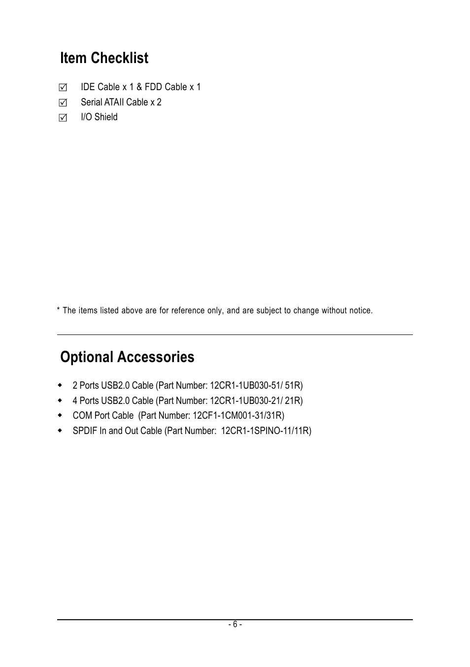 Item checklist, Optional accessories | AMD GA-M51GM-S2G User Manual | Page 6 / 88