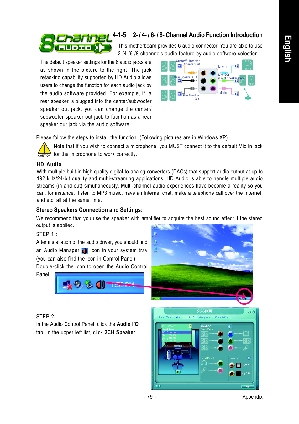 English, Stereo speakers connection and settings | AMD GA-M51GM-S2G User Manual | Page 79 / 88