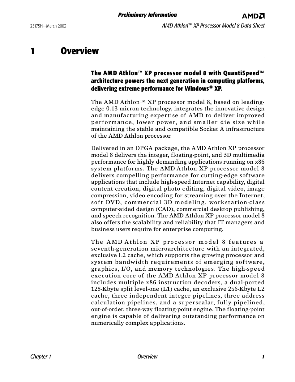 1 overview, Overview, Chapter 1 | 1overview | AMD ATHLON 8 User Manual | Page 13 / 106