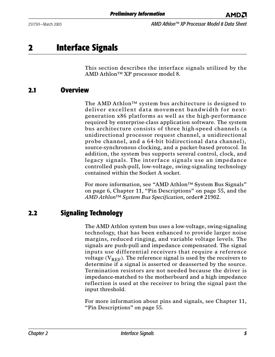 2 interface signals, 1 overview, 2 signaling technology | Interface signals, Overview, 2interface signals | AMD ATHLON 8 User Manual | Page 17 / 106