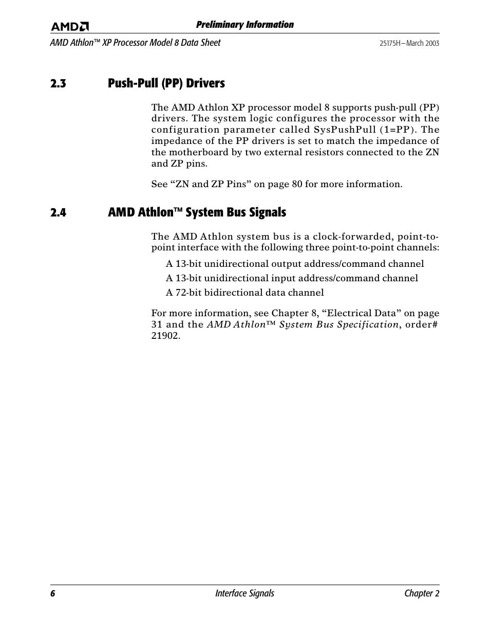 3 push-pull (pp) drivers, 4 amd athlon™ system bus signals, Push-pull (pp) drivers | Amd athlon™ system bus signals | AMD ATHLON 8 User Manual | Page 18 / 106