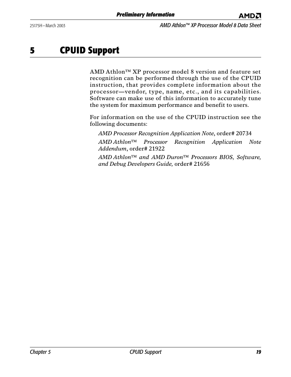 5 cpuid support, Cpuid support, 5cpuid support | AMD ATHLON 8 User Manual | Page 31 / 106
