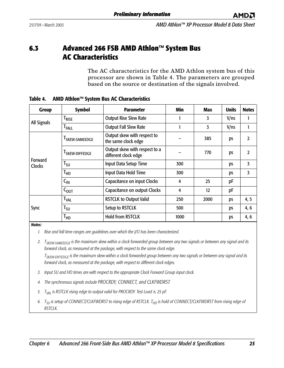 Table 4, Amd athlon™ system bus ac characteristics | AMD ATHLON 8 User Manual | Page 37 / 106