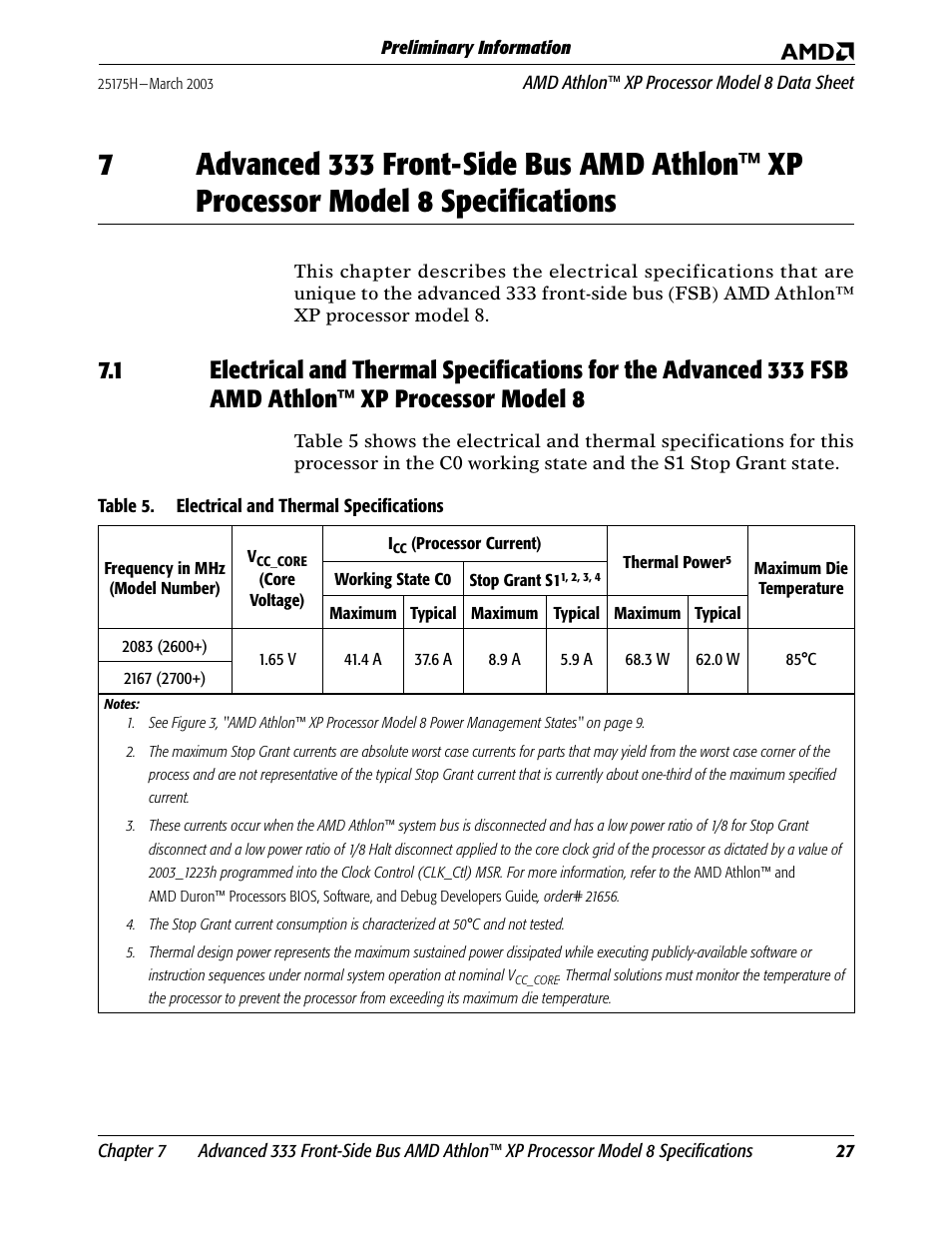 Table 5, Electrical and thermal specifications, Chapter 7 | AMD ATHLON 8 User Manual | Page 39 / 106