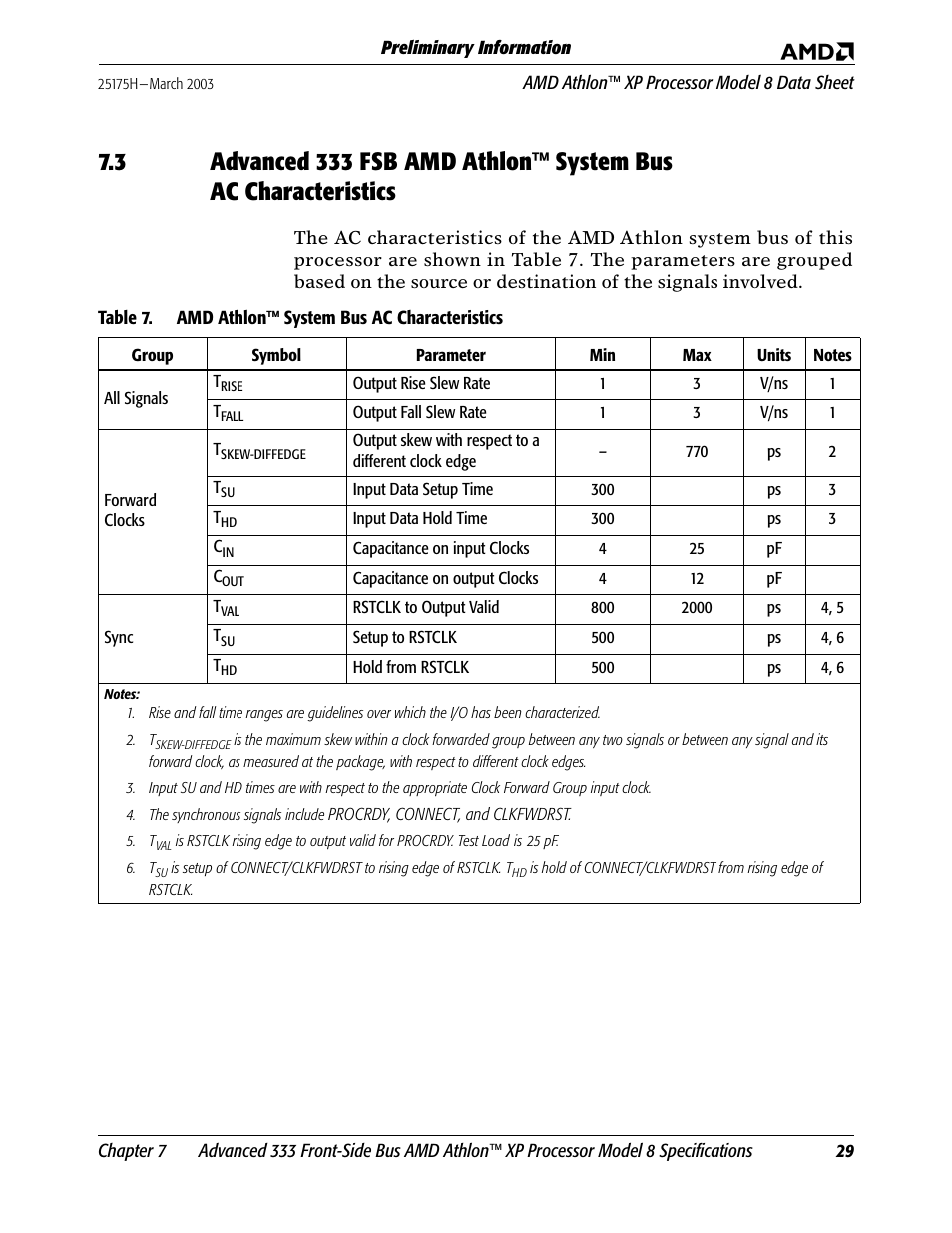 Table 7, Amd athlon system bus ac characteristics | AMD ATHLON 8 User Manual | Page 41 / 106