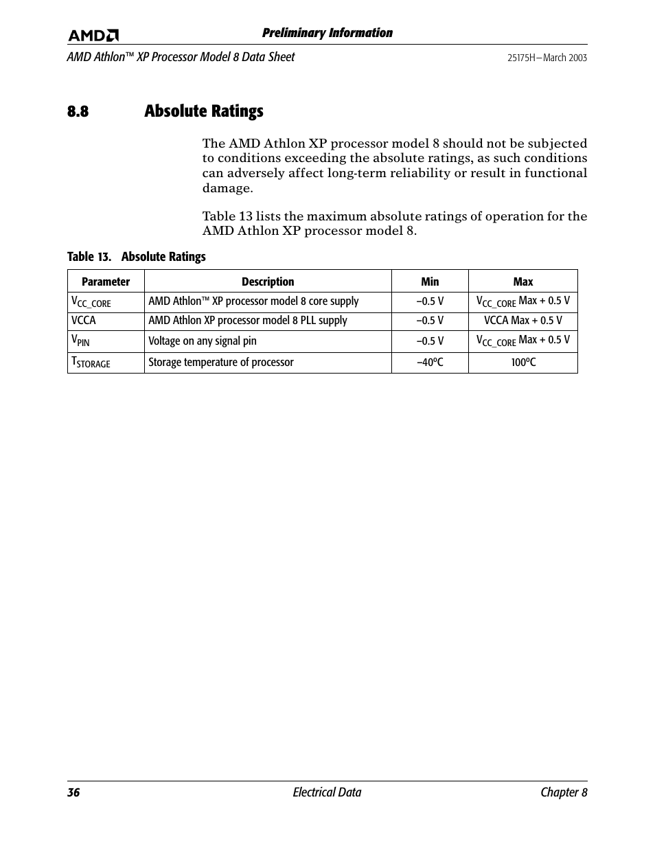 8 absolute ratings, Table 13, Absolute ratings | AMD ATHLON 8 User Manual | Page 48 / 106