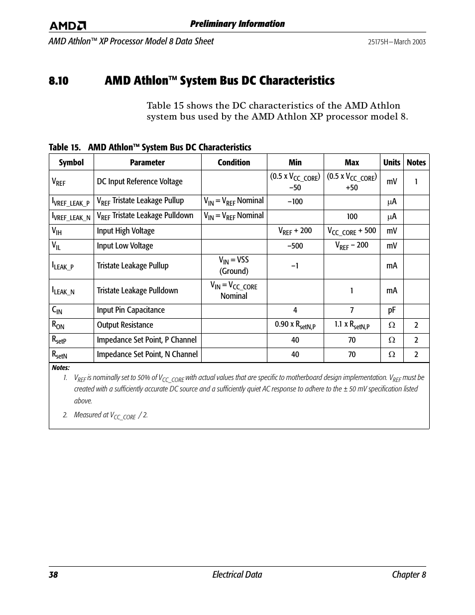 10 amd athlon™ system bus dc characteristics, Amd athlon system bus dc characteristics, Table 15 | AMD ATHLON 8 User Manual | Page 50 / 106