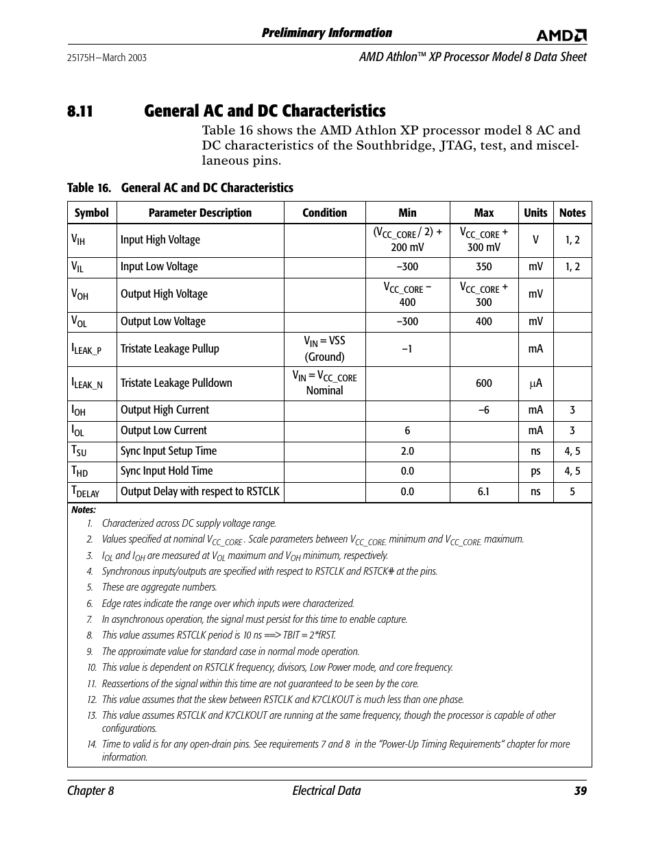 11 general ac and dc characteristics, General ac and dc characteristics, Table 16 | AMD ATHLON 8 User Manual | Page 51 / 106