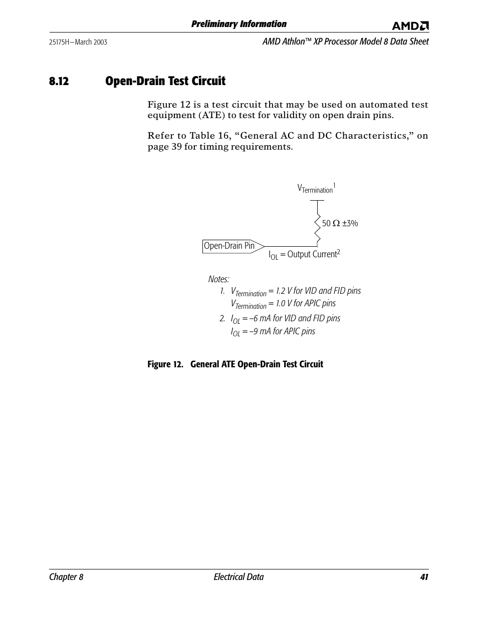 12 open-drain test circuit, Open-drain test circuit, Figure 12. general ate open-drain test circuit | AMD ATHLON 8 User Manual | Page 53 / 106