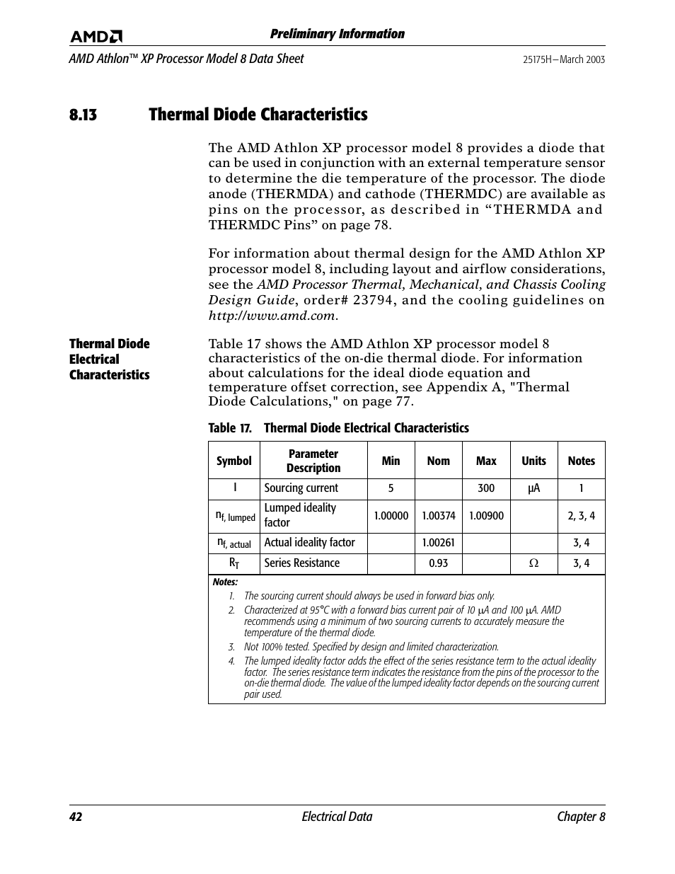 13 thermal diode characteristics, Thermal diode electrical characteristics, Thermal diode characteristics | Table 17 | AMD ATHLON 8 User Manual | Page 54 / 106