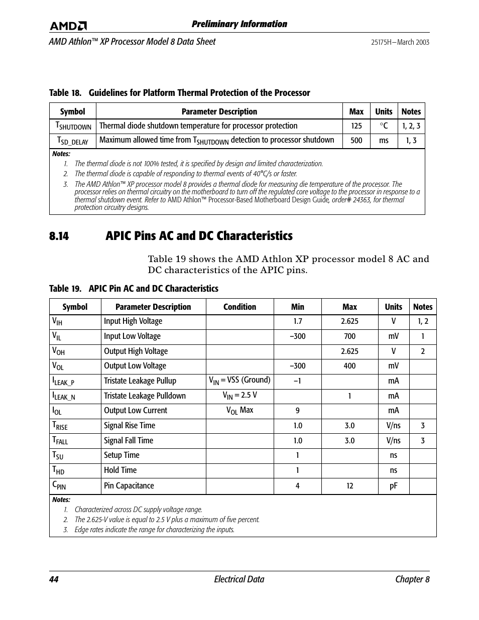 14 apic pins ac and dc characteristics, Apic pins ac and dc characteristics, Table 18 | Table 19, Apic pin ac and dc characteristics | AMD ATHLON 8 User Manual | Page 56 / 106