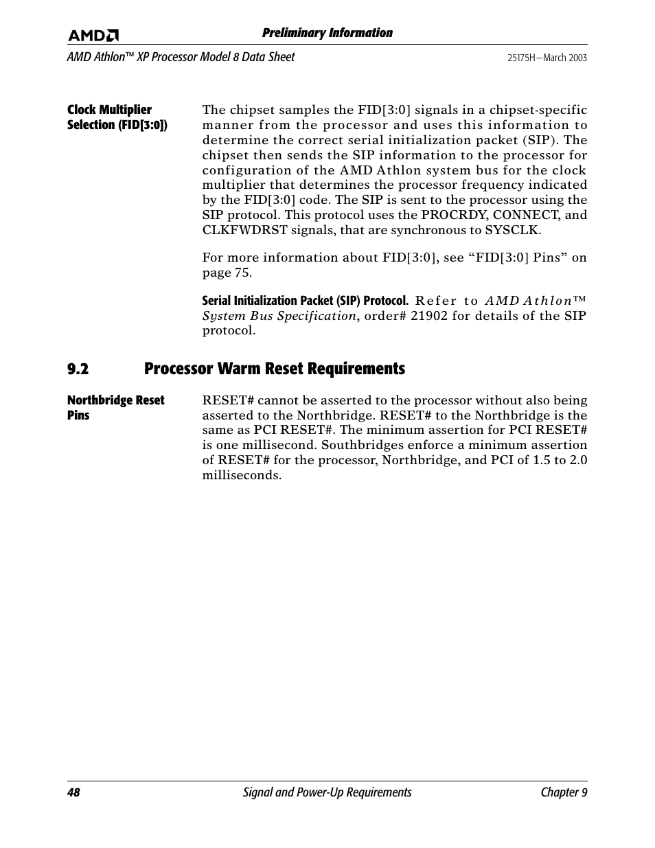 Clock multiplier selection (fid[3:0]), 2 processor warm reset requirements, Northbridge reset pins | Cloc, Northb | AMD ATHLON 8 User Manual | Page 60 / 106