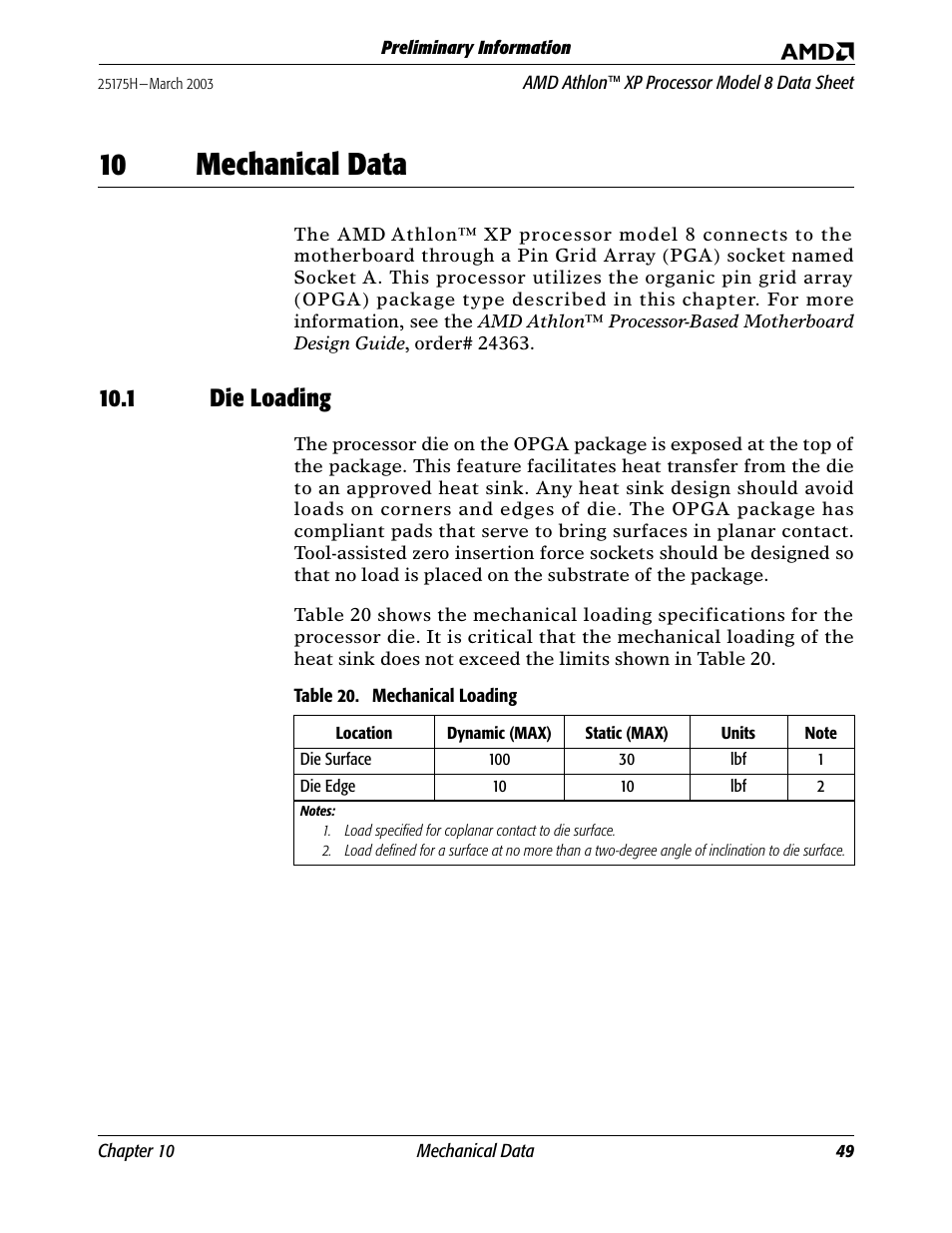 10 mechanical data, 1 die loading, Mechanical data | Die loading, Table 20, Mechanical loading, Chapter 10, renamed, Chapter 10, revised t, Chapter 10 | AMD ATHLON 8 User Manual | Page 61 / 106