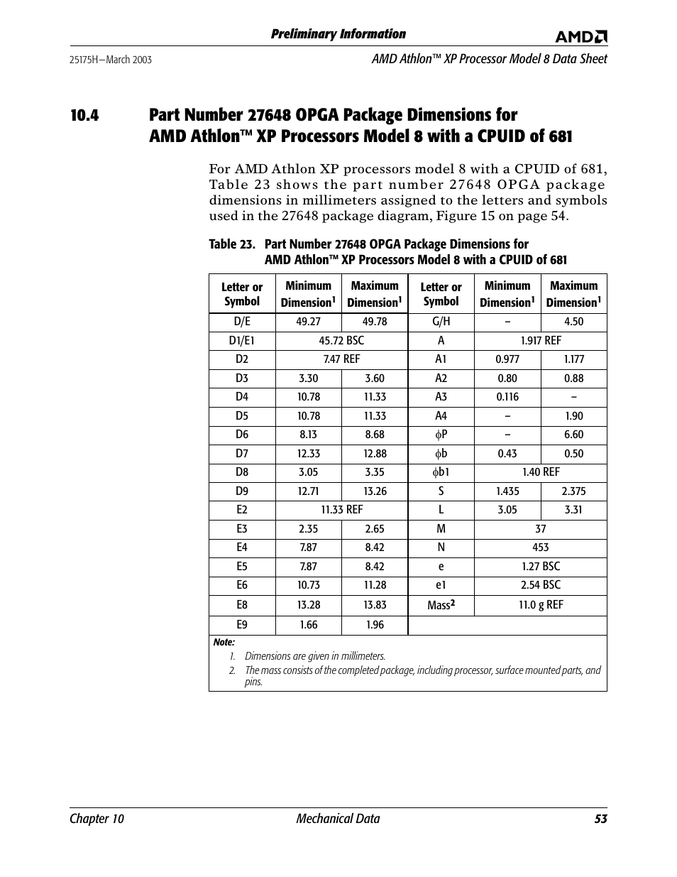 Part number 2764, Table 23 | AMD ATHLON 8 User Manual | Page 65 / 106