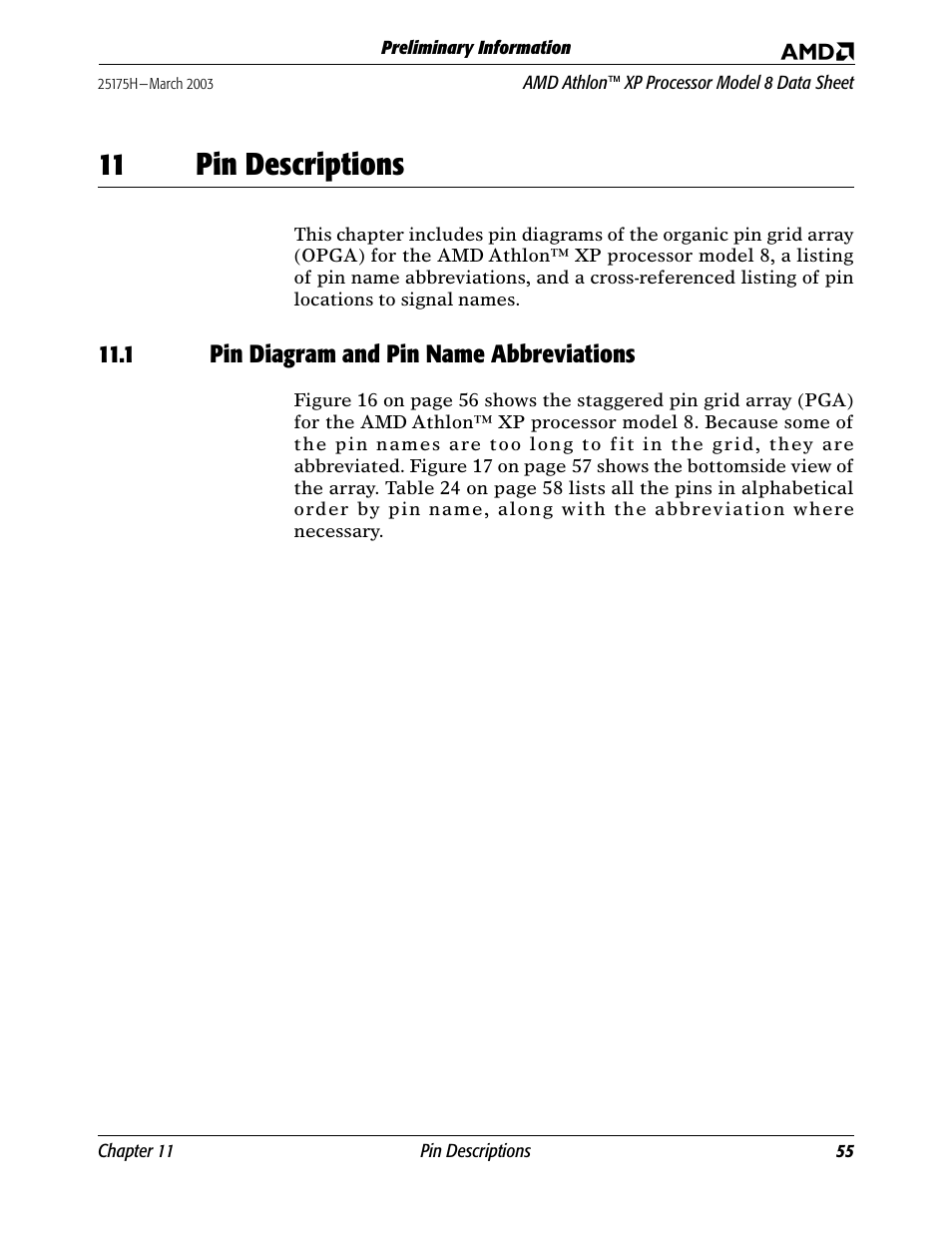 11 pin descriptions, 1 pin diagram and pin name abbreviations, Pin descriptions | Pin diagram and pin, Chapter 11 | AMD ATHLON 8 User Manual | Page 67 / 106