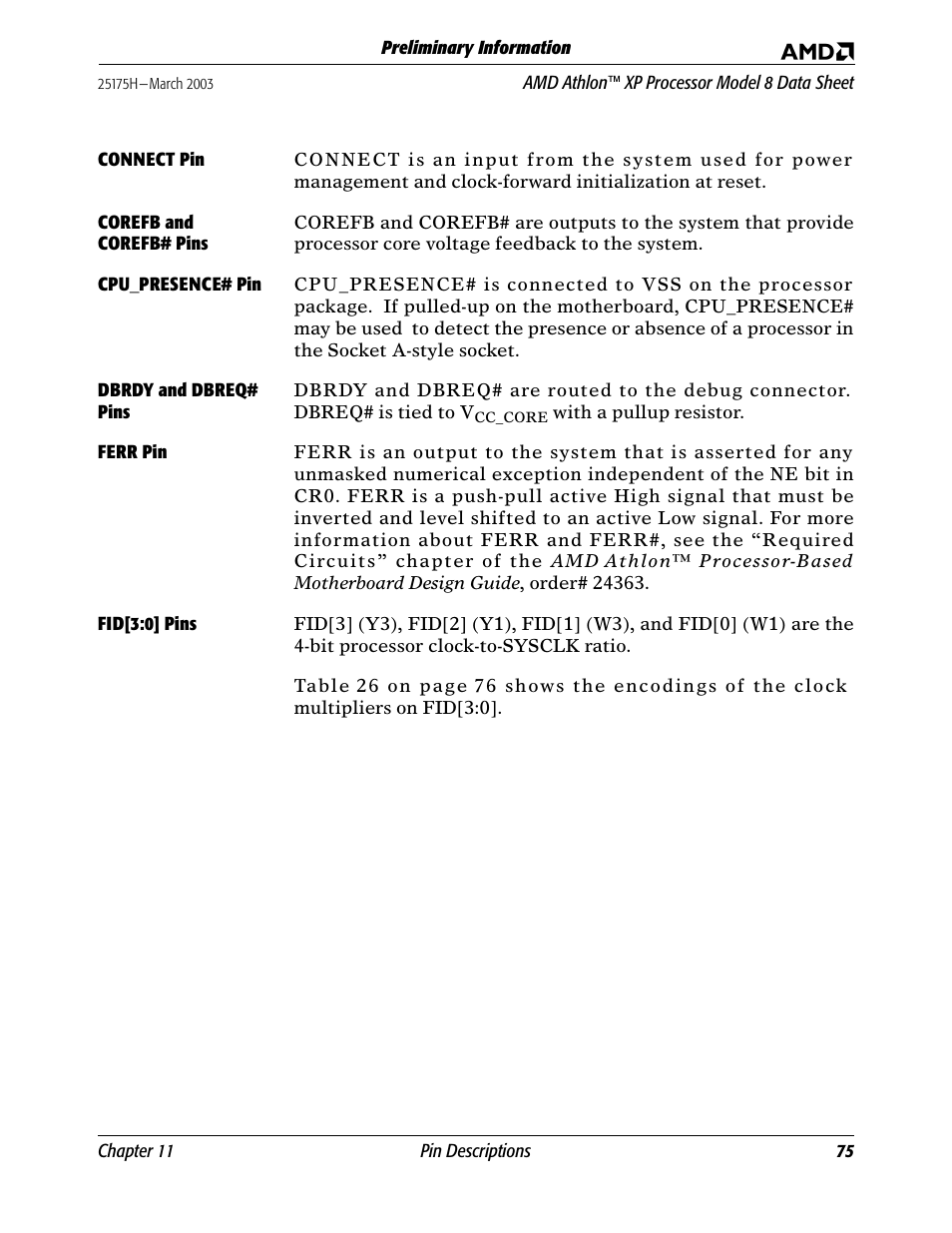 Connect pin, Corefb and corefb# pins, Cpu_presence# pin | Dbrdy and dbreq# pins, Ferr pin, Fid[3:0] pins, Ferr pin fid[3:0 | AMD ATHLON 8 User Manual | Page 87 / 106