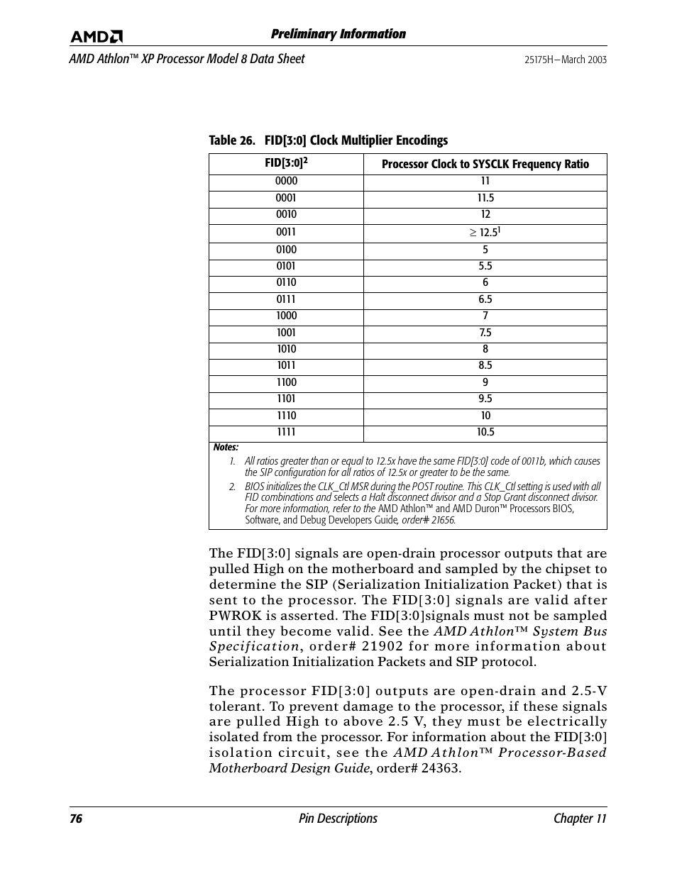 Table 26, Fid[3:0] clock multiplier encodings | AMD ATHLON 8 User Manual | Page 88 / 106