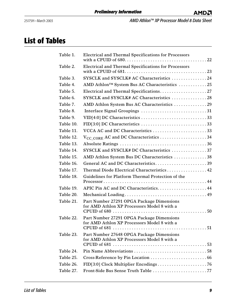 List of tables | AMD ATHLON 8 User Manual | Page 9 / 106