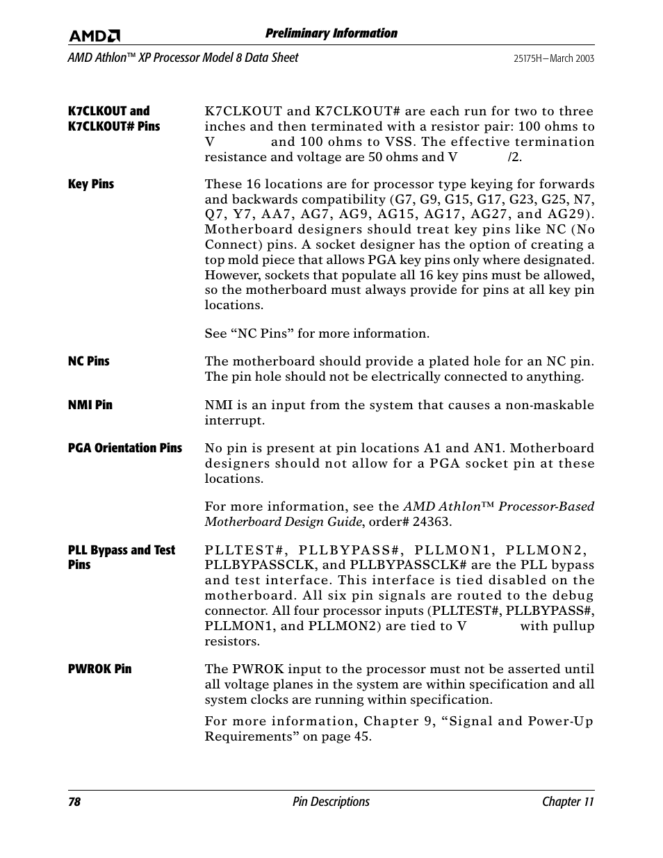 K7clkout and k7clkout# pins, Key pins, Nc pins | Nmi pin, Pga orientation pins, Pll bypass and test pins, Pwrok pin, K7clk, Nmi pin pga orientation pins, Pll bypass and t | AMD ATHLON 8 User Manual | Page 90 / 106