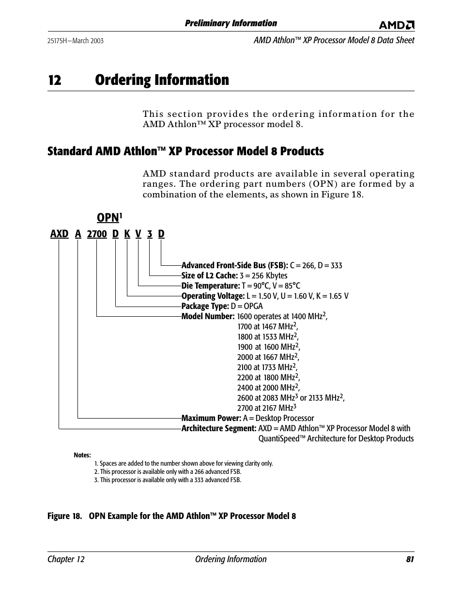 12 ordering information, Standard amd athlon™ xp processor model 8 products, Ordering information | Standard amd athlon xp processor model 8 products, Model 8, In chapter 12, D k v 3, Axd a d 2700 | AMD ATHLON 8 User Manual | Page 93 / 106