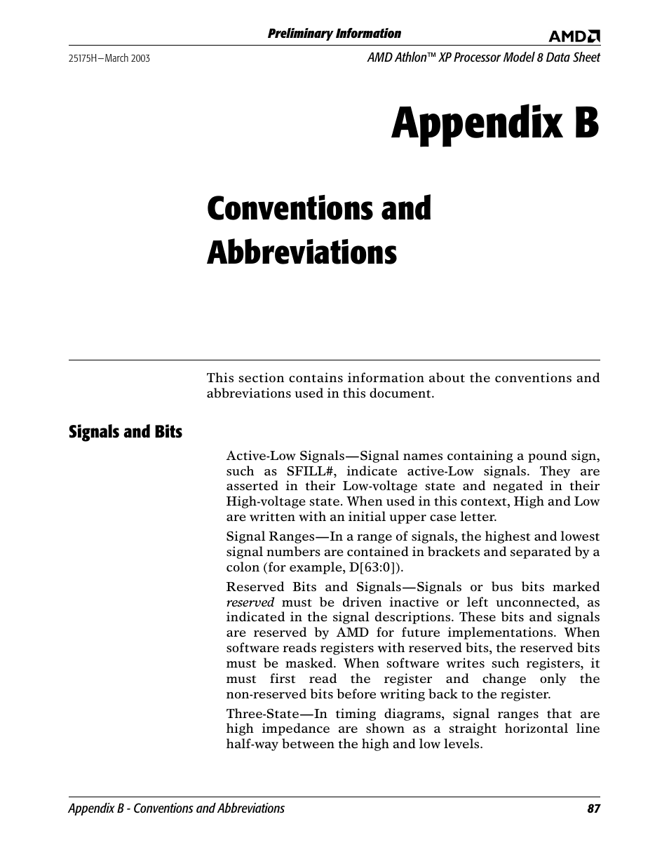 Conventions and abbreviations, Signals and bits, Appendix b conventions and abbreviations | Appendix b | AMD ATHLON 8 User Manual | Page 99 / 106