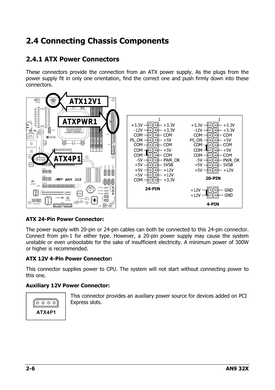 Connecting chassis components, Atx power connectors, 4 connecting chassis components -6 | 1 atx power connectors -6, 4 connecting chassis components | AMD AN9 32X User Manual | Page 14 / 76