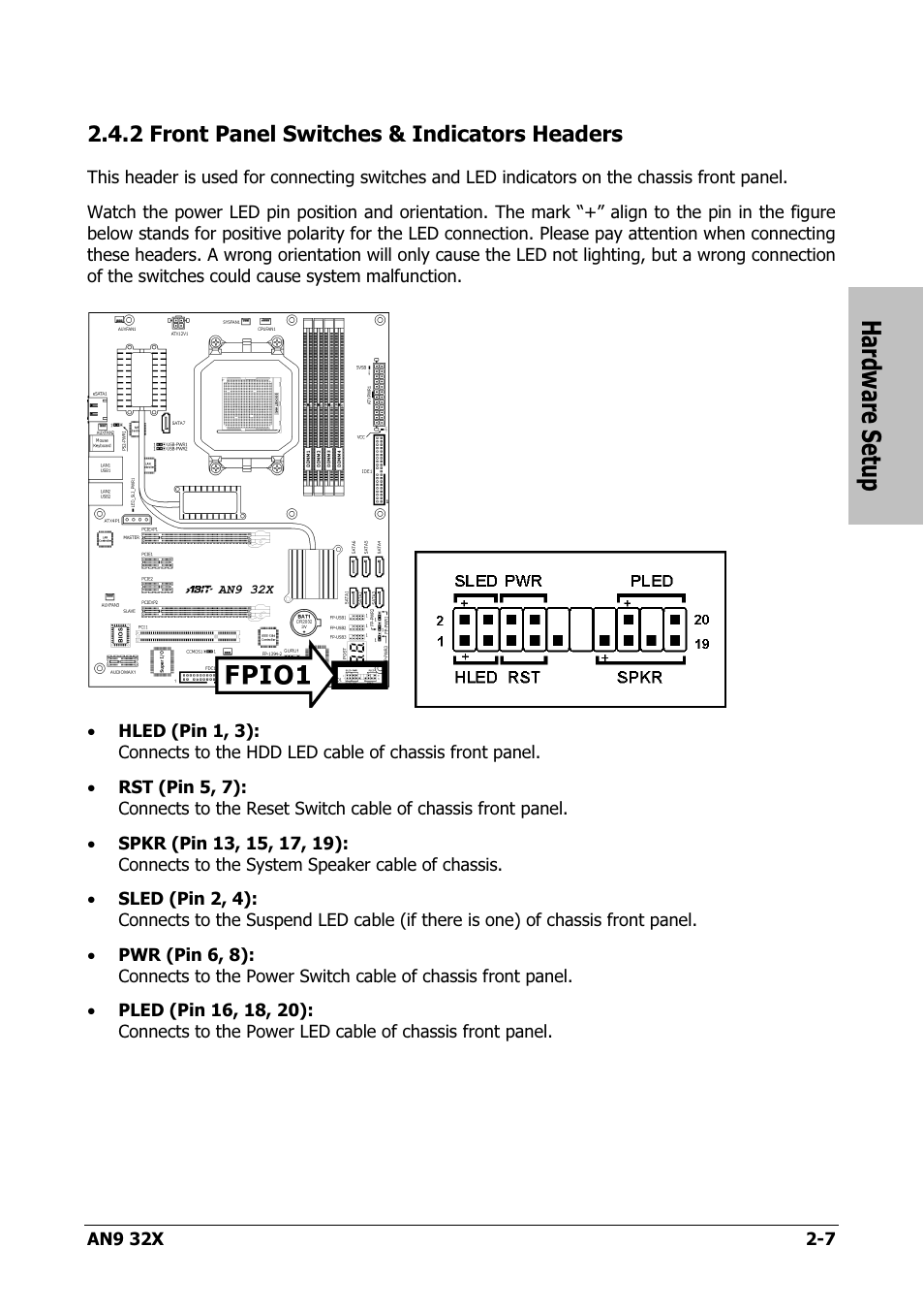 Front panel switches & indicators headers, 2 front panel switches & indicators headers -7, Hardware setup | AMD AN9 32X User Manual | Page 15 / 76