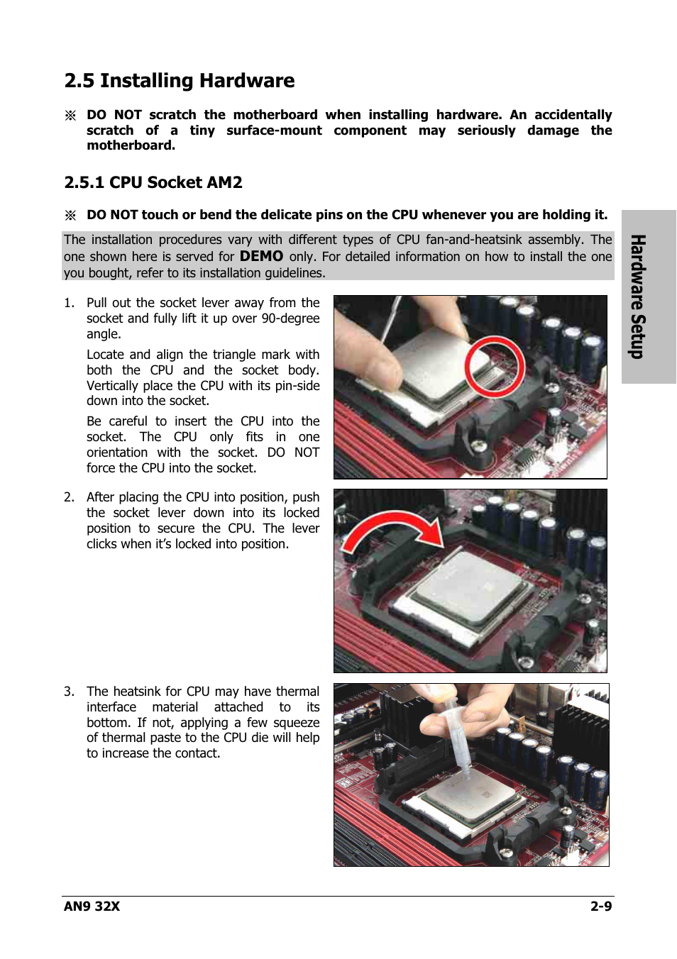 Installing hardware, Cpu socket am2, 5 installing hardware -9 | 1 cpu socket am2 -9, Hardware setup, 5 installing hardware | AMD AN9 32X User Manual | Page 17 / 76