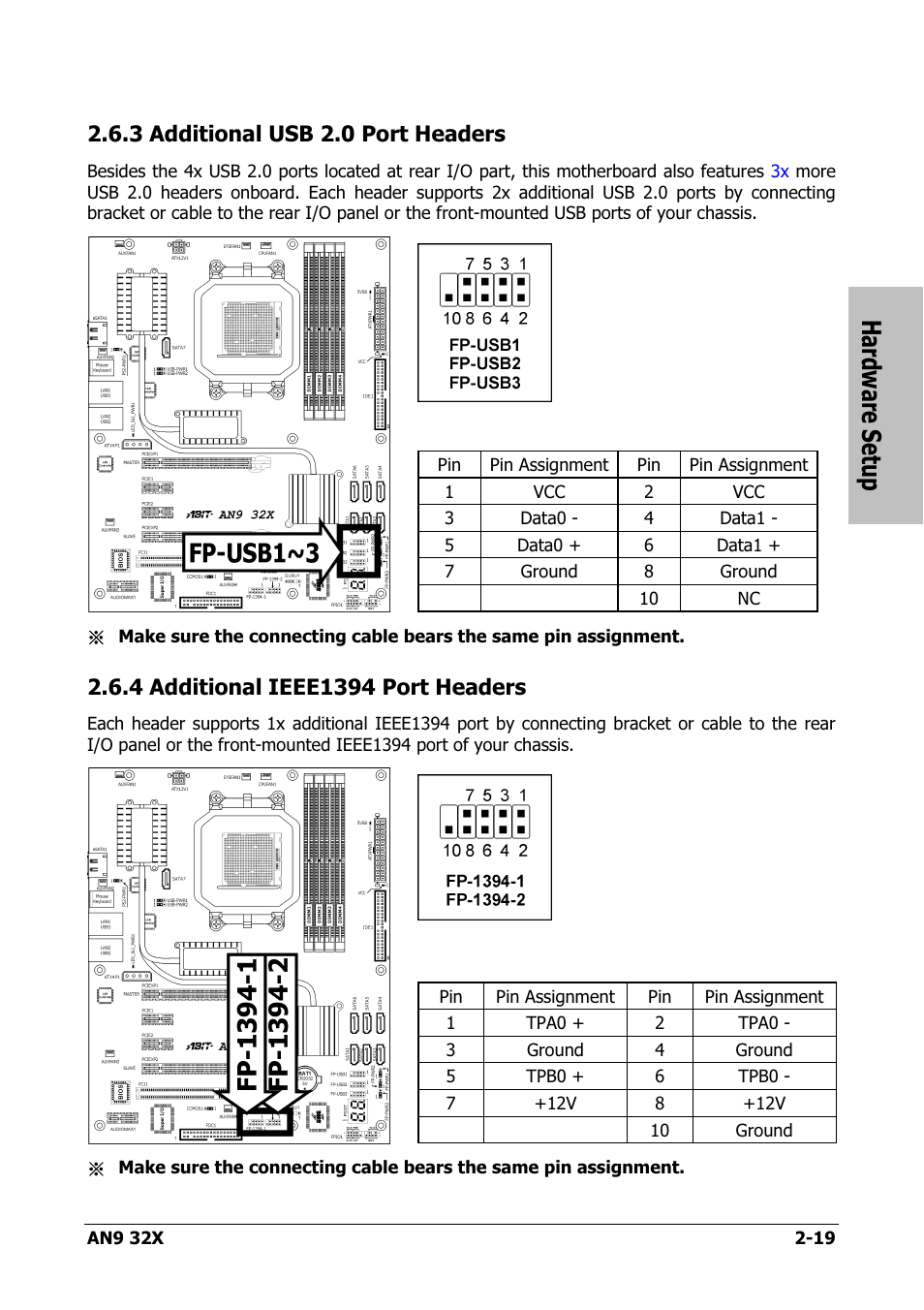 Additional usb 2.0 port headers, Additional ieee1394 port headers, 3 additional usb 2.0 port headers -19 | 4 additional ieee1394 port headers -19, Hardware setup, 3 additional usb 2.0 port headers | AMD AN9 32X User Manual | Page 27 / 76