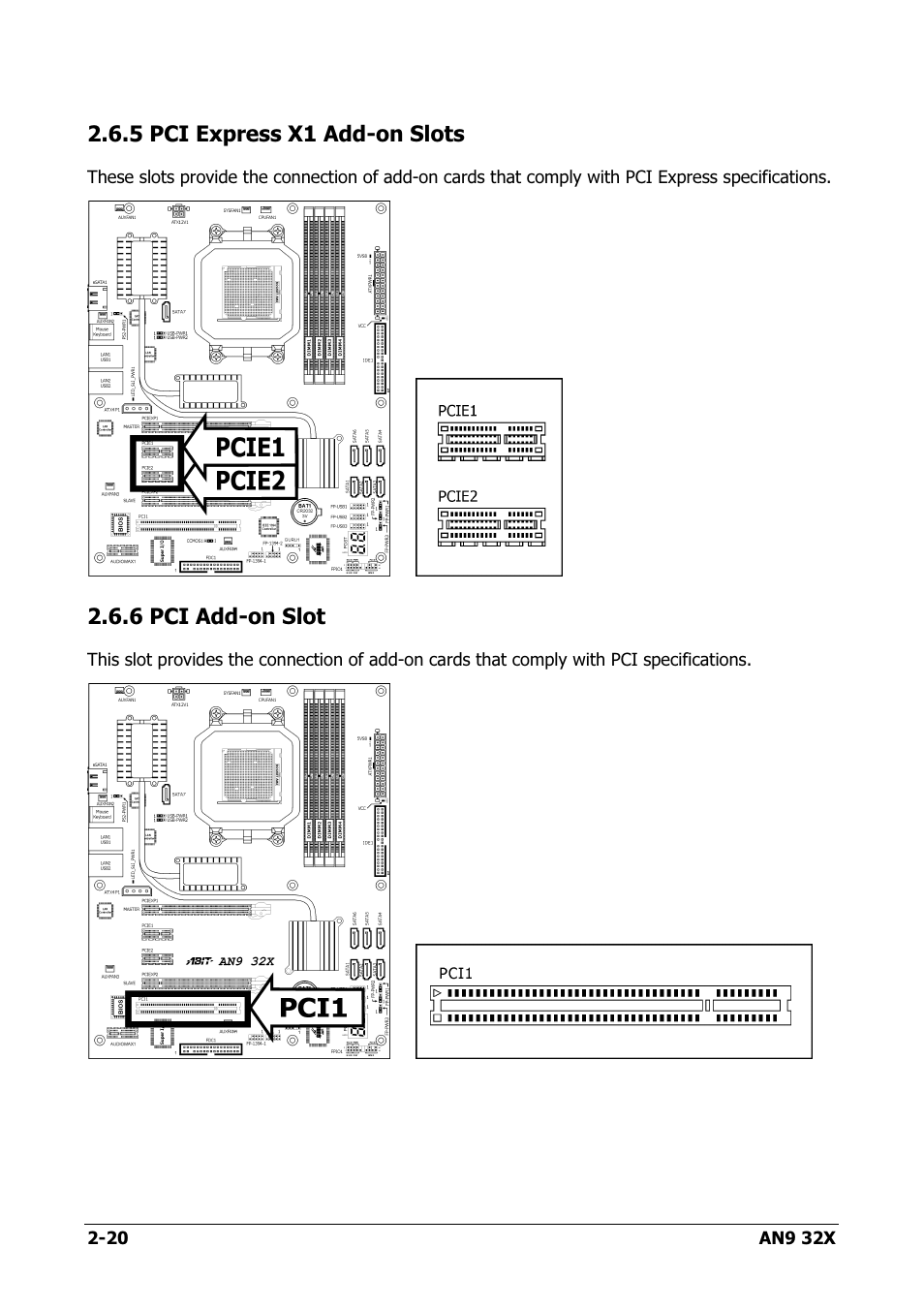 Pci express x1 add-on slots, Pci add-on slot, 5 pci express x1 add-on slots -20 | 6 pci add-on slot -20 | AMD AN9 32X User Manual | Page 28 / 76