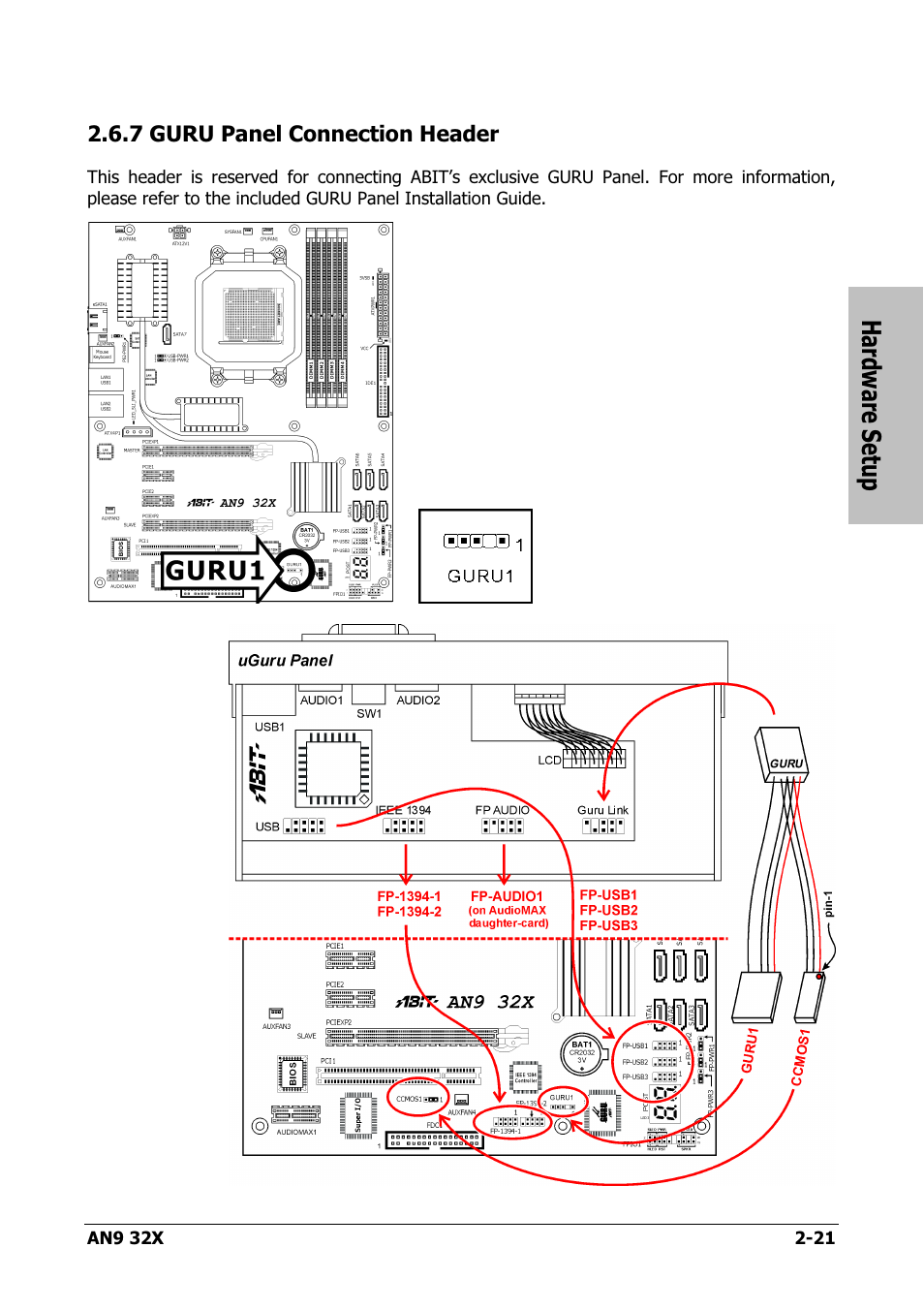 Guru panel connection header, 7 guru panel connection header -21, Hardware setup | AMD AN9 32X User Manual | Page 29 / 76