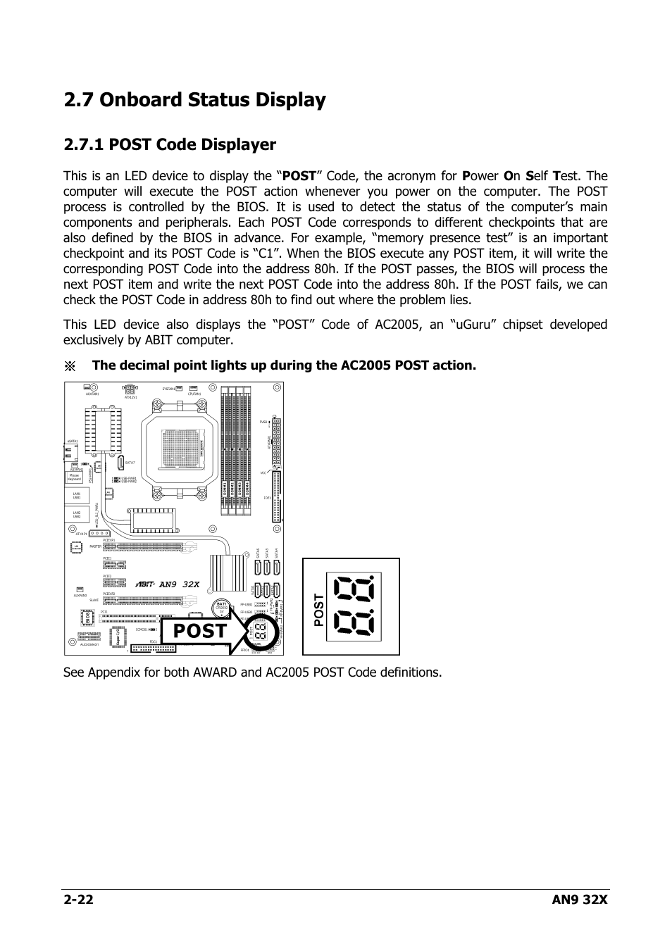 Onboard status display, Post code displayer, 7 onboard status display -22 | 1 post code displayer -22, 7 onboard status display | AMD AN9 32X User Manual | Page 30 / 76