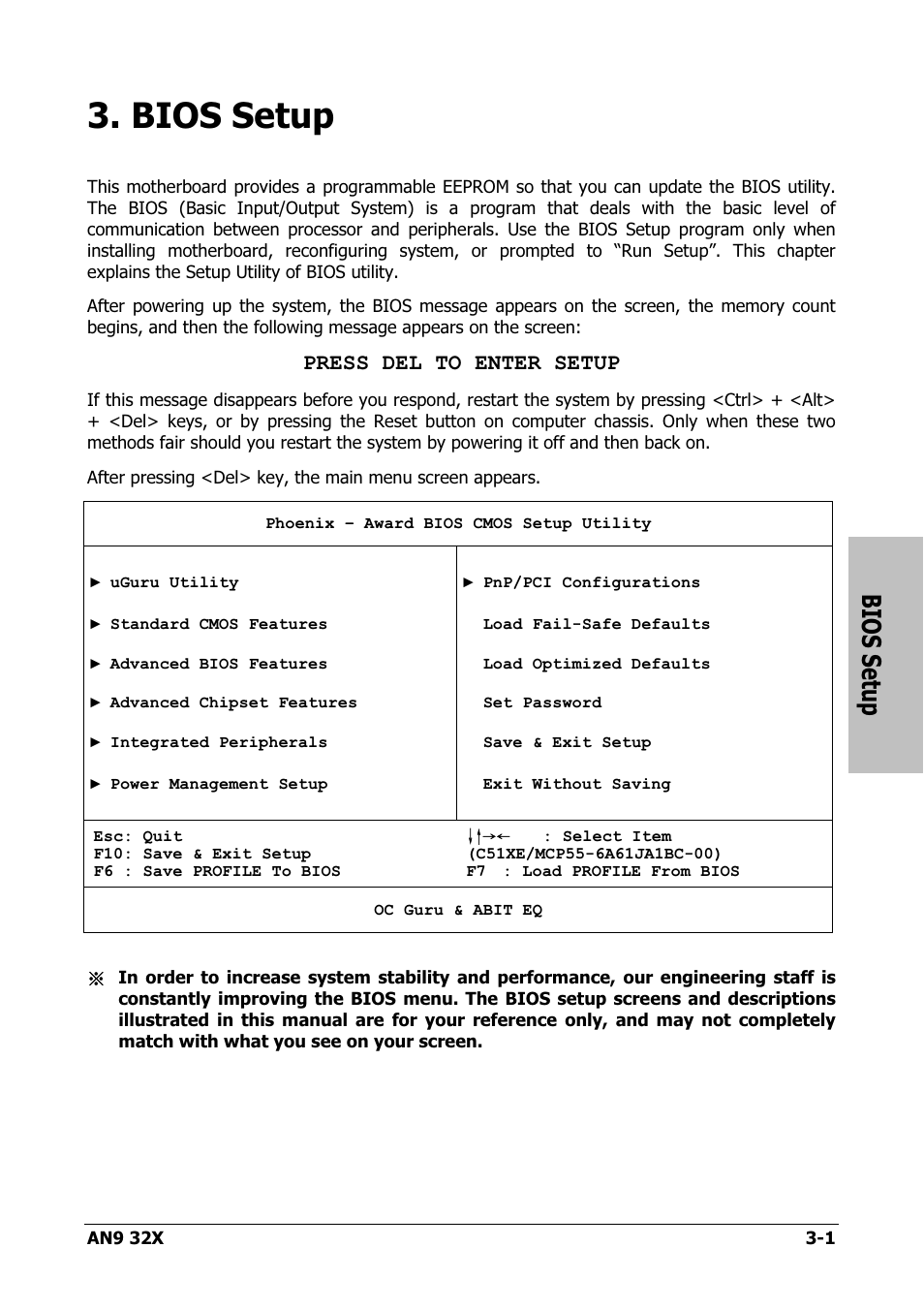 Bios setup, Bios setup -1, Press del to enter setup | AMD AN9 32X User Manual | Page 33 / 76