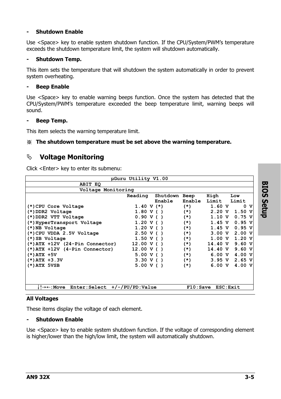 Bios setup, Voltage monitoring | AMD AN9 32X User Manual | Page 37 / 76