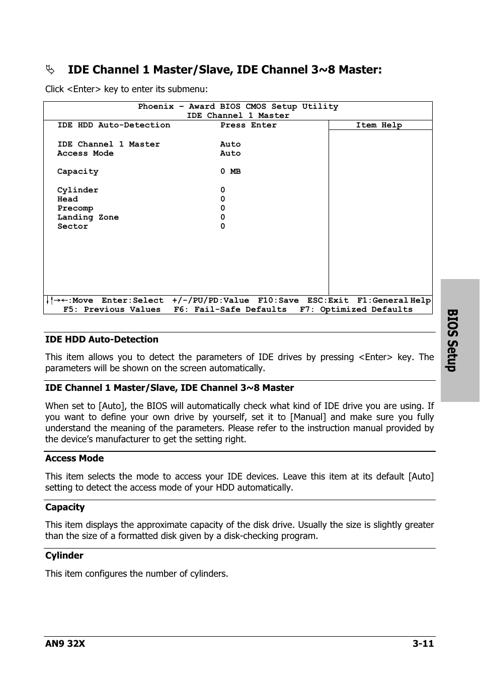 Bios setup, Ide channel 1 master/slave, ide channel 3~8 master | AMD AN9 32X User Manual | Page 43 / 76