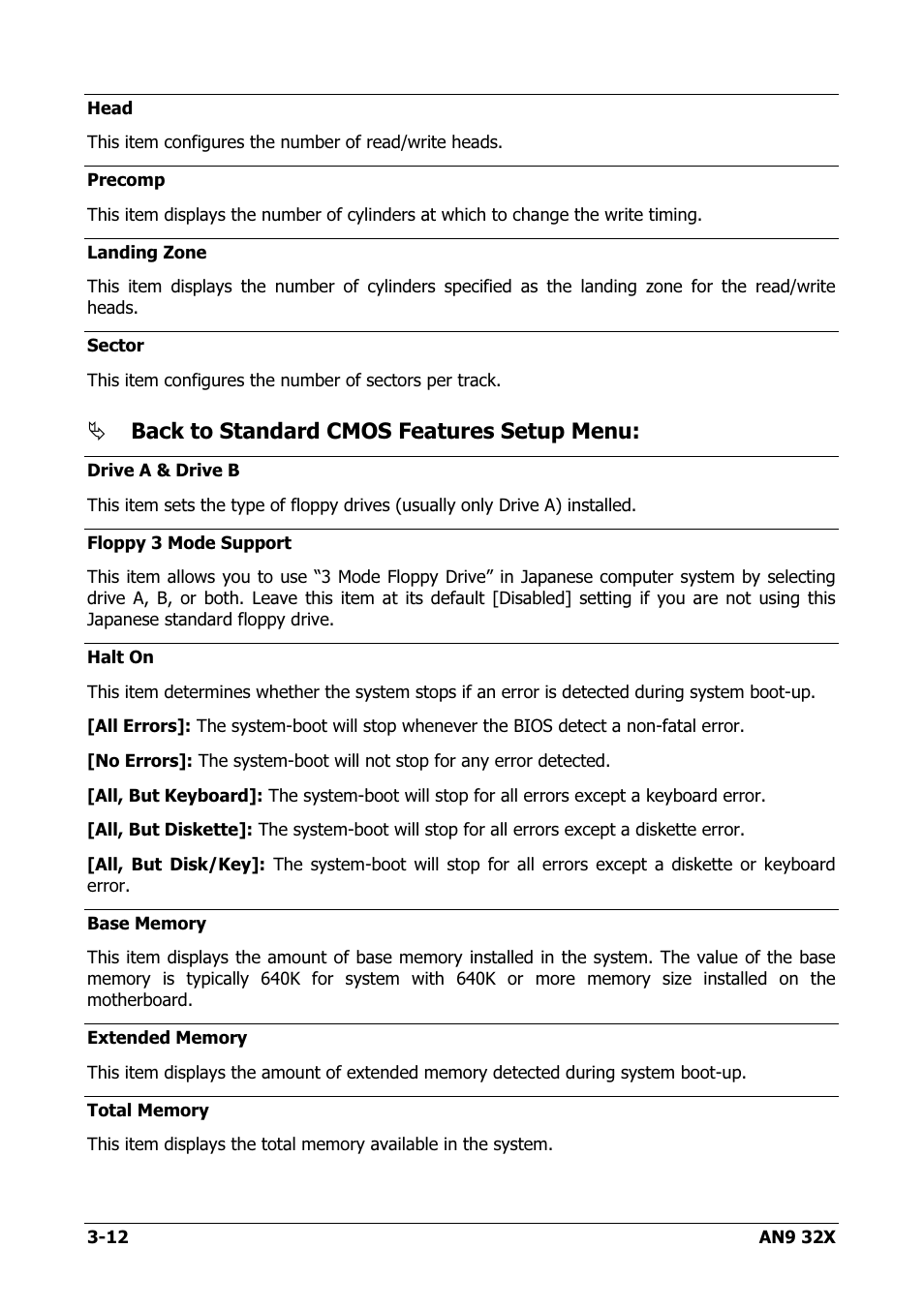 Back to standard cmos features setup menu | AMD AN9 32X User Manual | Page 44 / 76