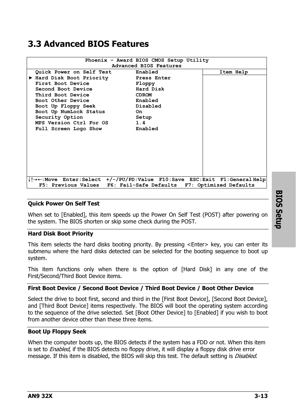 Advanced bios features, 3 advanced bios features -13, Bios setup | 3 advanced bios features | AMD AN9 32X User Manual | Page 45 / 76