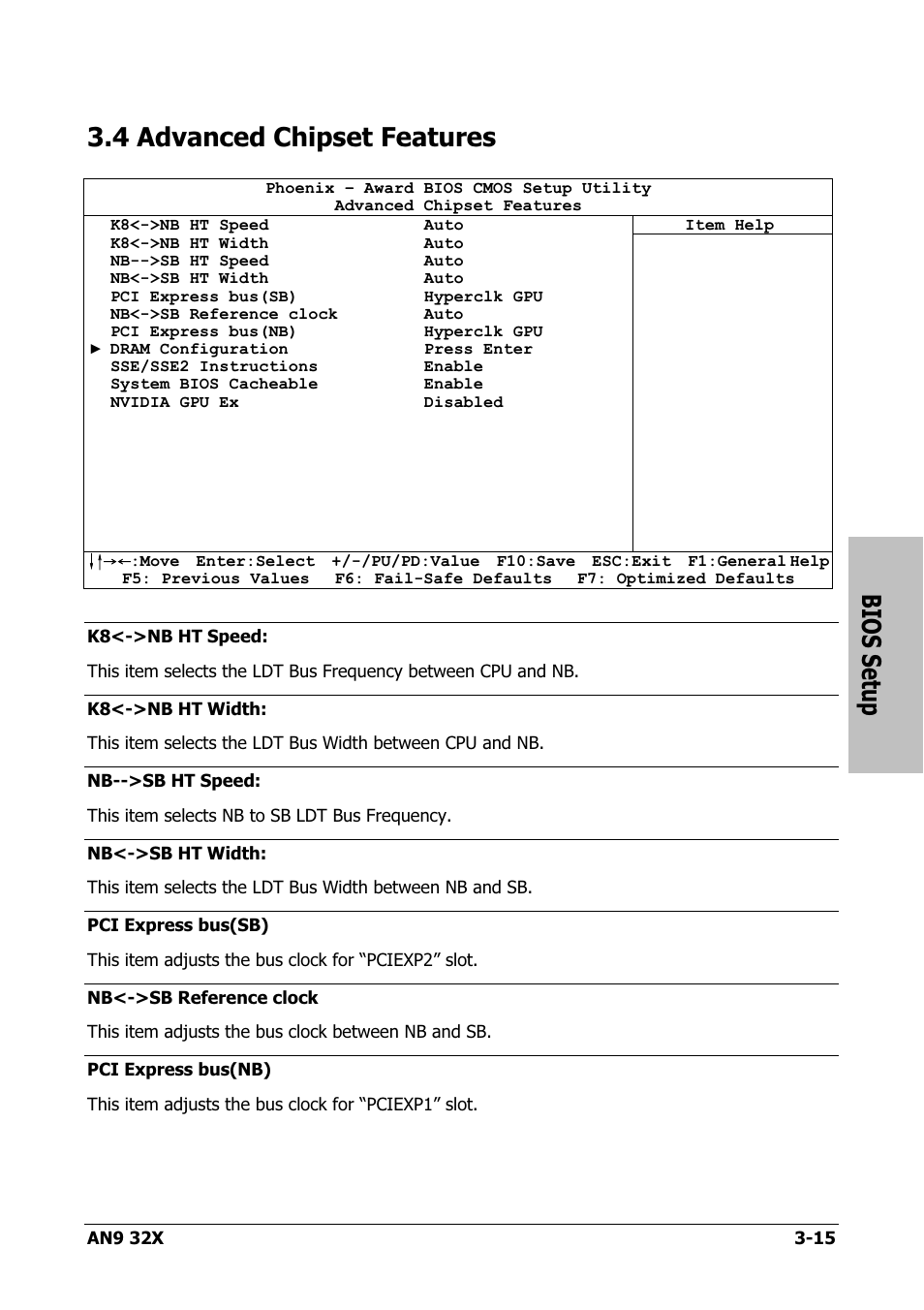 Advanced chipset features, 4 advanced chipset features -15, Bios setup | 4 advanced chipset features | AMD AN9 32X User Manual | Page 47 / 76