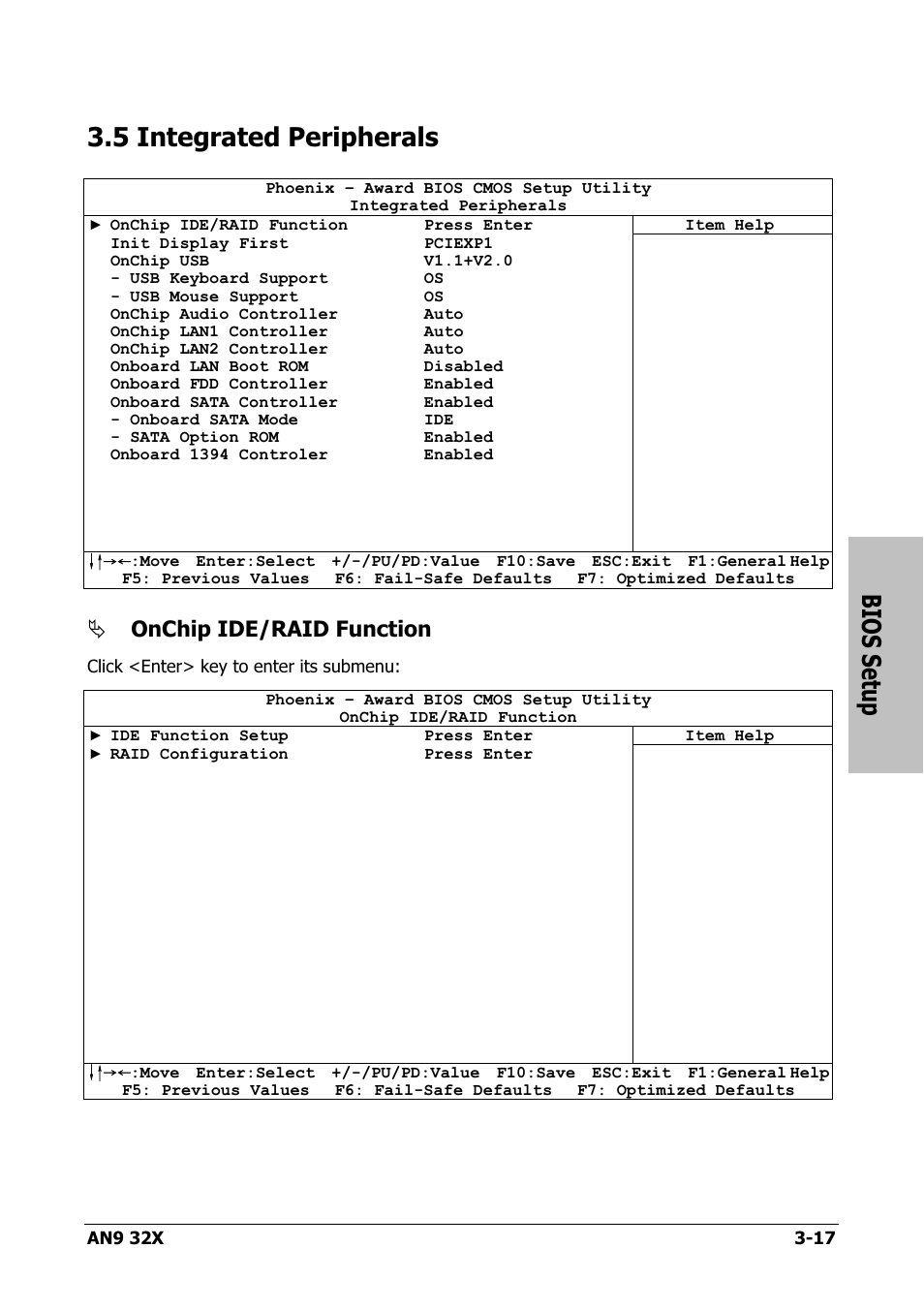 Integrated peripherals, 5 integrated peripherals -17, Bios setup | 5 integrated peripherals, Onchip ide/raid function | AMD AN9 32X User Manual | Page 49 / 76